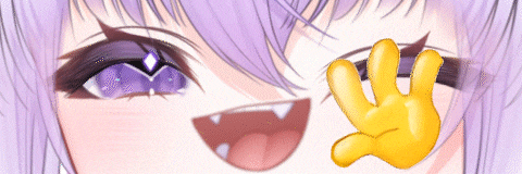 a close up of a purple haired anime girl with a yellow hand behind her eyes