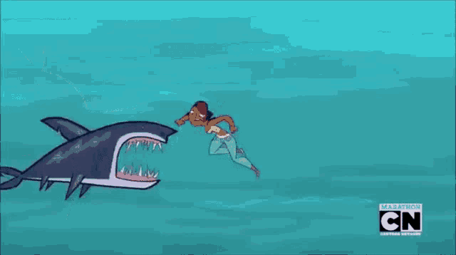 a cartoon of a woman swimming between two sharks with the cn logo on the bottom