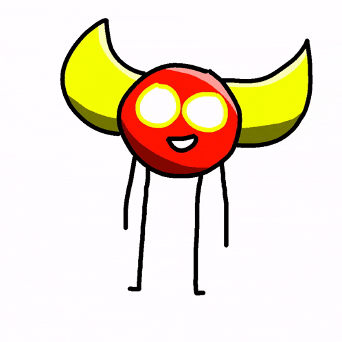 a cartoon drawing of a red circle with yellow horns
