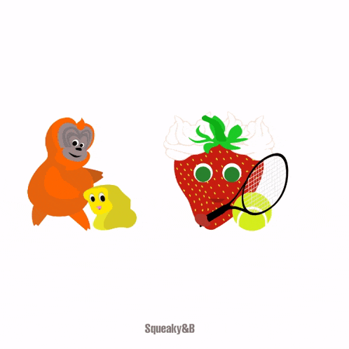 a strawberry holding a tennis racquet with squeaky & b on the bottom