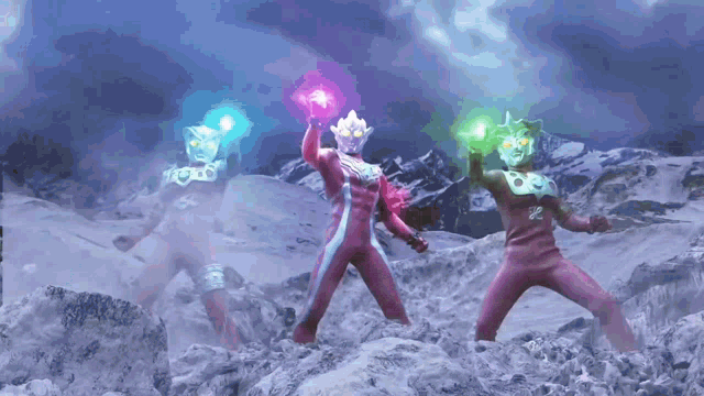 three cartoon characters are standing on a snowy mountain holding glowing objects