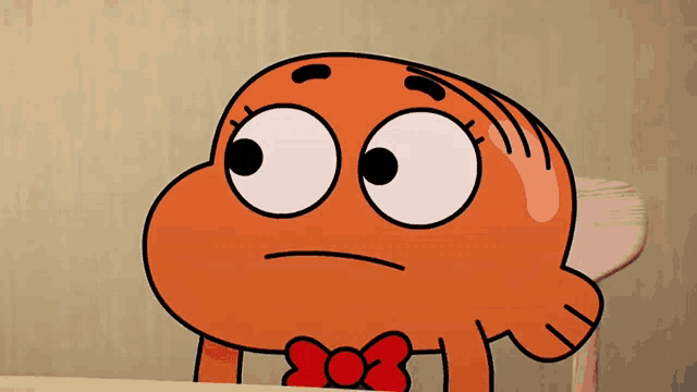 a cartoon character wearing a red bow tie