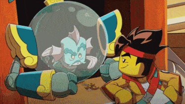 a cartoon of a man and a robot looking at a fish in a glass container