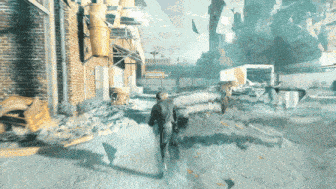 a video game scene with a man running in front of a brick building with a sign that says ' warehouse '