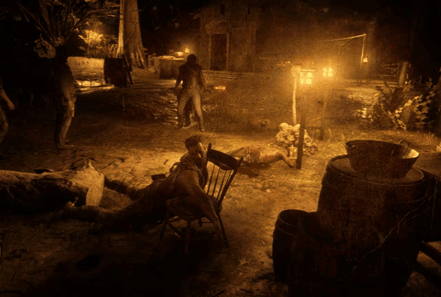 a video game scene with a man laying in a chair with blood on his face