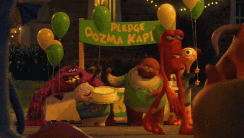 a group of monsters standing in front of a pledge dozma kapp sign