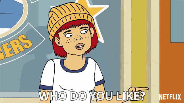 a cartoon character says " who do you like " in front of a netflix logo