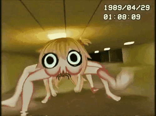 a cartoon of a girl with big eyes is crawling on the floor