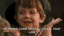 a young boy is making a funny face and saying `` i 'm tryna come watch u do all that like '' .