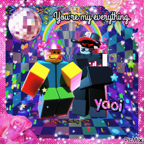 a picture of two roblox characters with the words " you 're my everything " on it