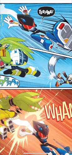 a page from a comic book shows a sonic character flying through the air with the words " teriaaa " above him