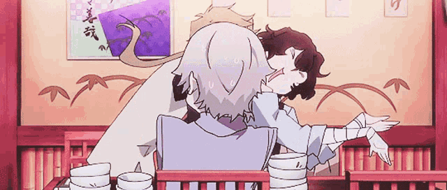 a couple of anime characters are sitting at a table with cups of tea