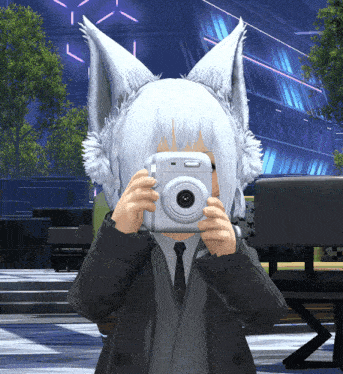 a person with white hair is taking a picture with a small camera