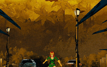 a cartoon drawing of a woman in a green dress walking down a street
