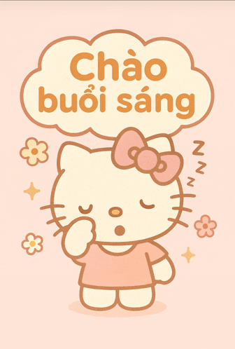 a hello kitty sleeping with a speech bubble that says " chao buoi sang "