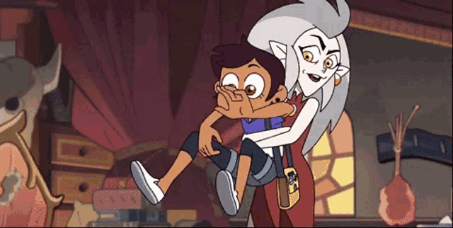 a cartoon character is carrying another character on her back