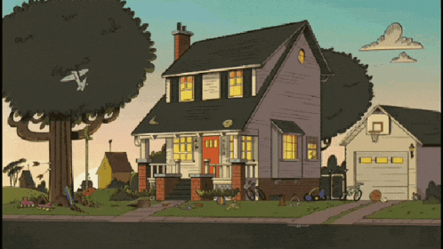 a cartoon drawing of a house with a tree in the background