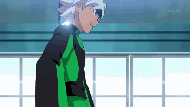 a boy in a green and black outfit is standing in front of a tv screen that says tvtokyo