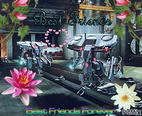 a picture of robots and flowers with the words best friends forever at the bottom