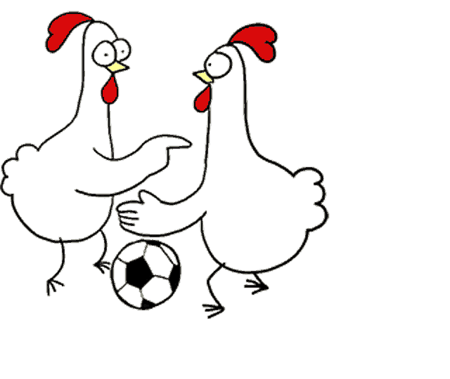 two chickens are playing with a soccer ball and one of them is pointing