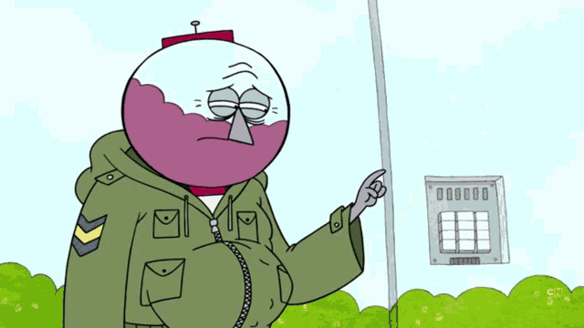 a cartoon character with a purple ball on his head is holding a switch