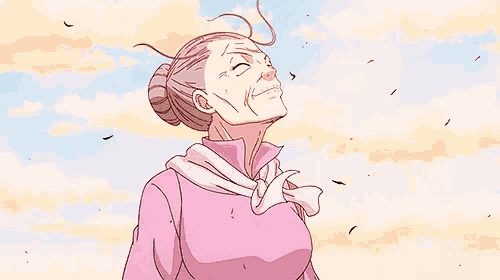a cartoon drawing of an elderly woman in a pink shirt looking up at the sky