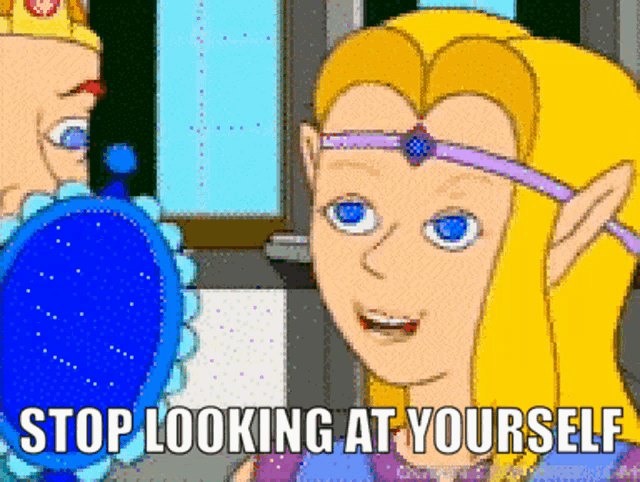 a cartoon of princess zelda looking at herself in the mirror