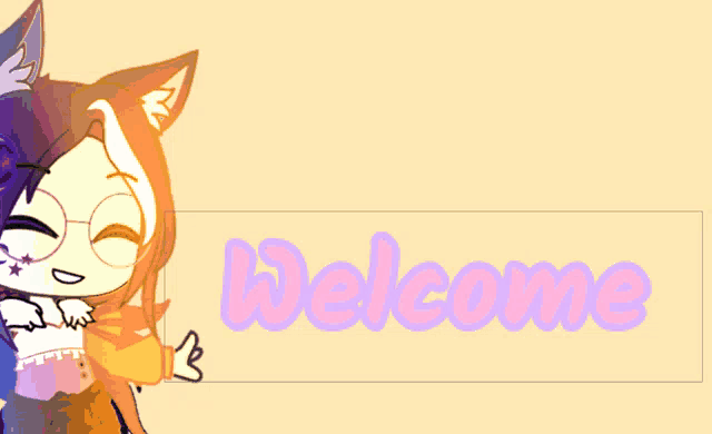 a cartoon character holding a sign that says " welcome "