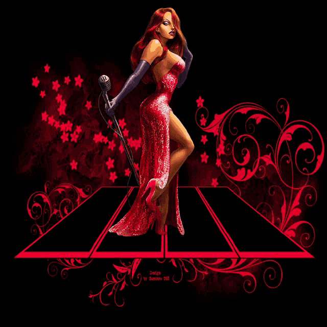 a woman in a red dress is holding a microphone in front of a floral design
