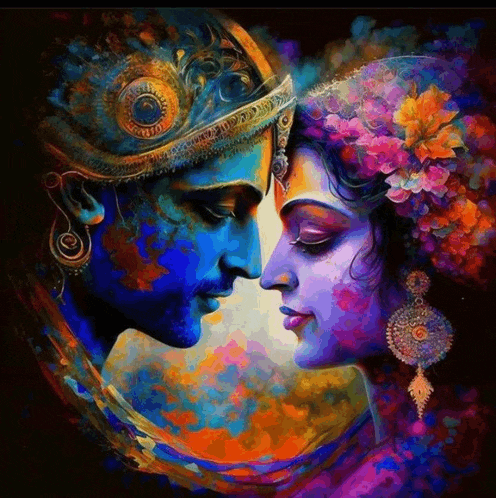 a colorful painting of a man and woman looking into each other 's eyes