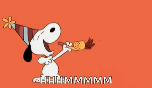 a cartoon dog wearing a party hat is blowing a party horn .