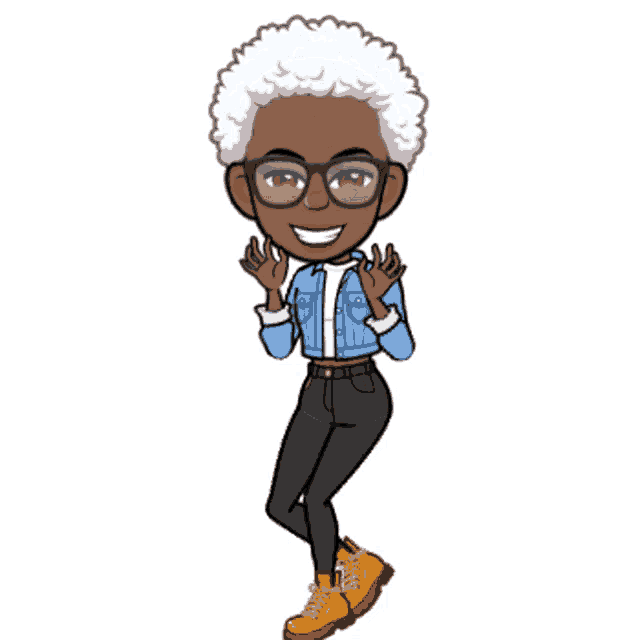 a cartoon drawing of an older woman with white hair and glasses