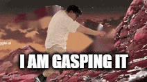 a man in a white shirt is standing on a rock with the words " i am gasping it " written below him