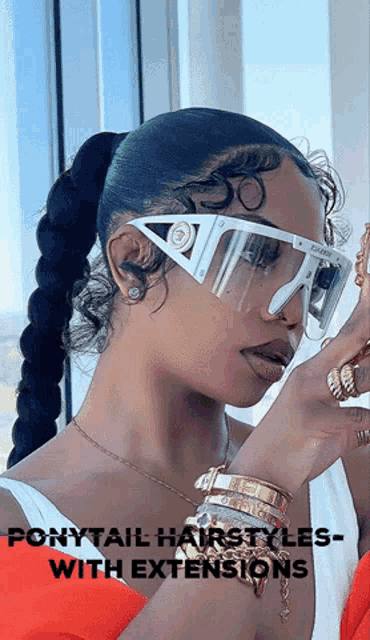 a woman wearing sunglasses and a ponytail with the words ponytail hairstyles with extensions
