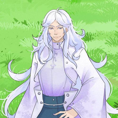 a drawing of a woman with long white hair and a cross necklace