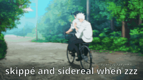 a cartoon of a man riding a bike with the words skippe and sidereal when zzz