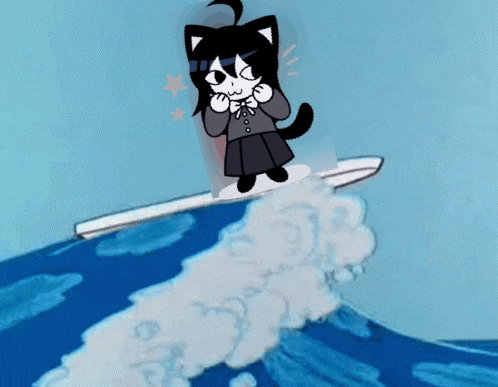 a cartoon drawing of a cat on a surfboard in the ocean