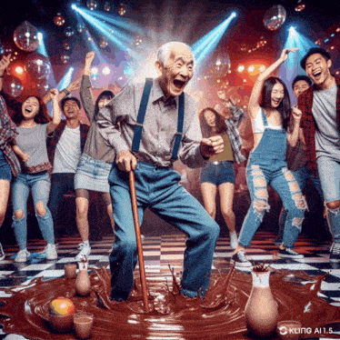 an older man with a cane is dancing with a group of young people in a photo by kling ai.s.