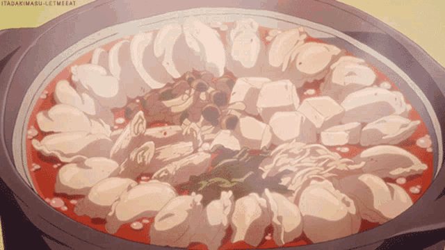a cartoon drawing of a pot of food with the hashtag itadakimabu-letmeeat at the bottom