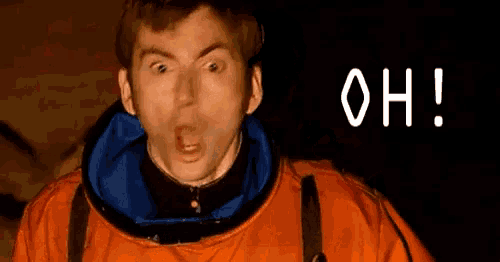 a man in a space suit is making a surprised face with the words oh written above him .