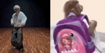 a man is dancing on a stage next to a picture of a monkey with a purple backpack .