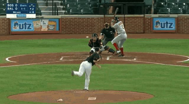 a baseball game is being played in an empty stadium and the scoreboard says bos 0-1 bal 0-1 and means 8