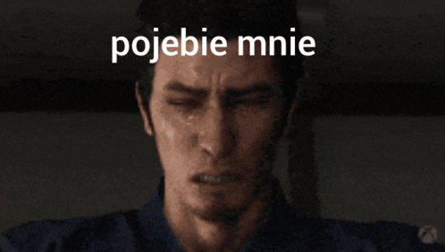 a man is crying with the words pojebie mnie written above his head