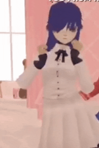 a 3d model of a girl with blue hair and a white dress is standing in a room .