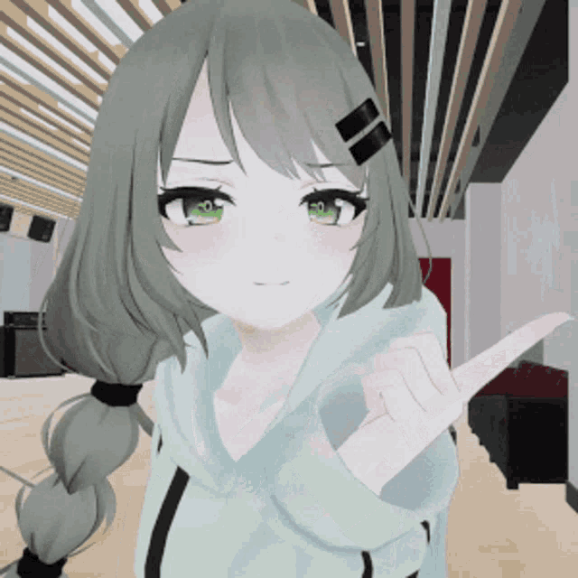 a girl with a ponytail and green eyes is giving the middle finger