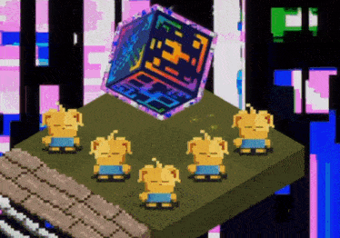 a group of cartoon characters are standing in front of a cube that says ' n ' on it