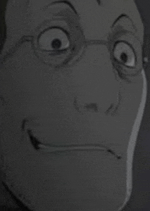 a close up of a cartoon character 's face with glasses and a surprised look on his face .