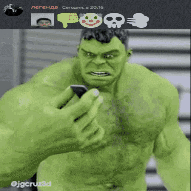 the hulk is holding a cell phone in front of a screen that says legenda on it