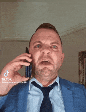 a man in a suit and tie is talking on a cell phone with a tiktok watermark