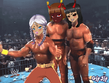 a gif of a group of wrestlers with a w on the bottom right